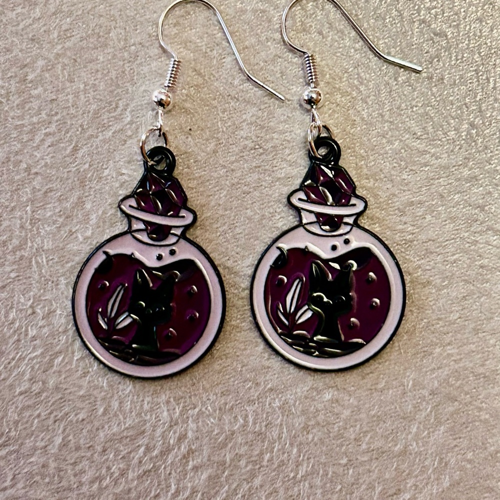 Cat Potion Bottle Enamel Pendant Earrings - Purple